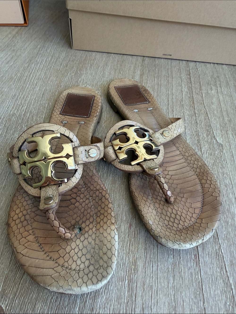 Tory Burch Beige Snake-Embossed Leather Logo Thong Sandals